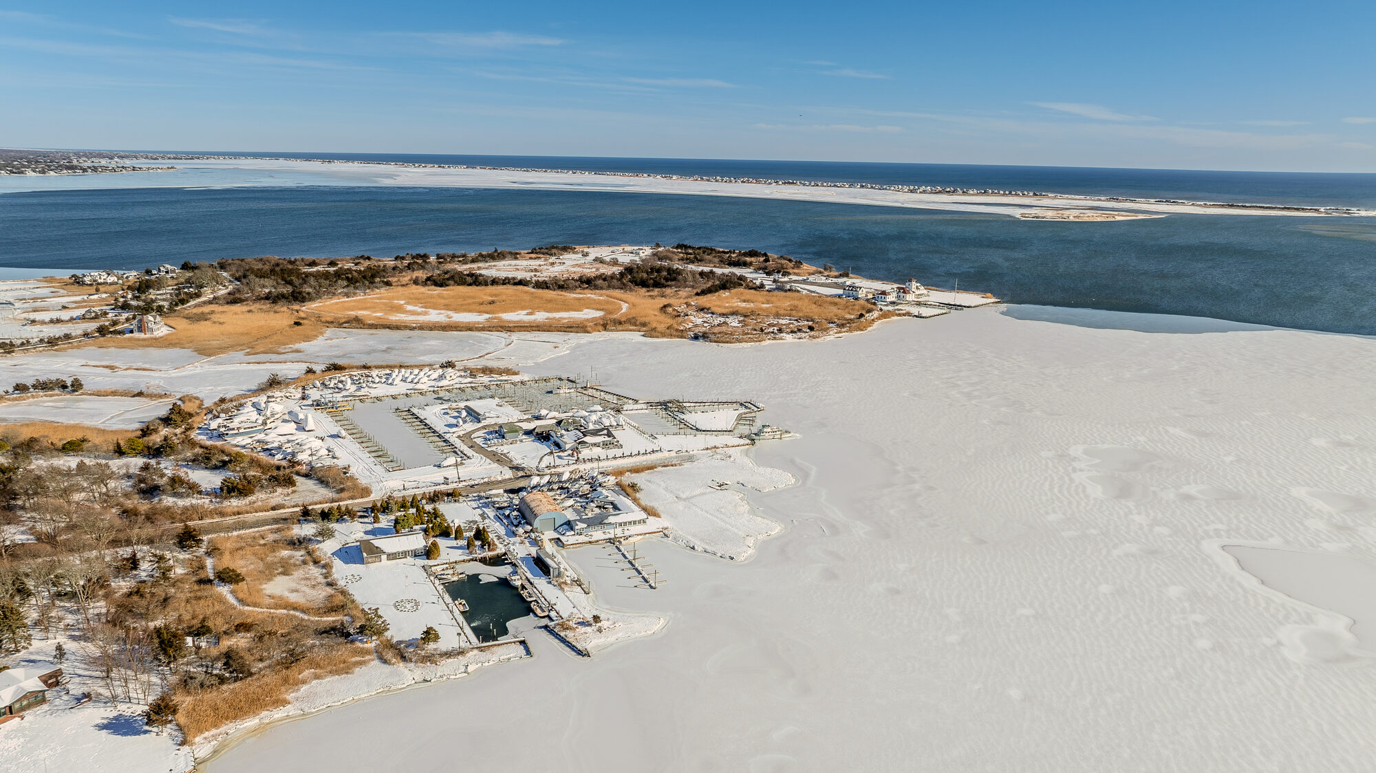 Aerial view of Long Island marina at Moriches Bay